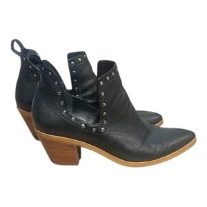 Rebecca Minkoff Black Leather Studded Cutout Ankle Booties with Tan Wood Heel